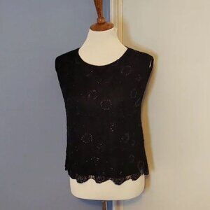 Alice + Olivia Black Top Tank Sequins Beads Circles Lace Layered Small